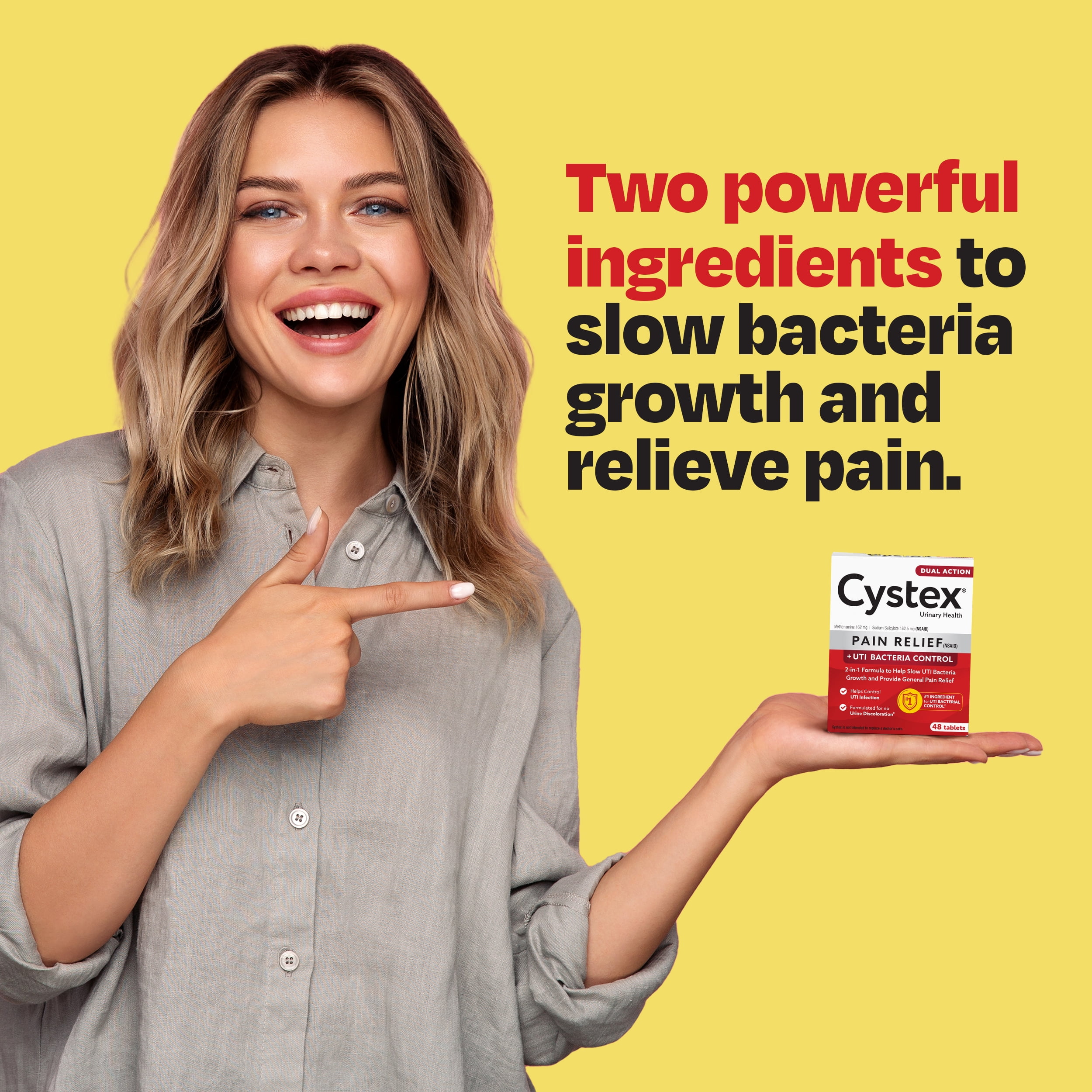 Cystex Dual Action Relief, Helps Slow UTI Bacteria Growth & Provide General Pain Relief, 48 Tablets