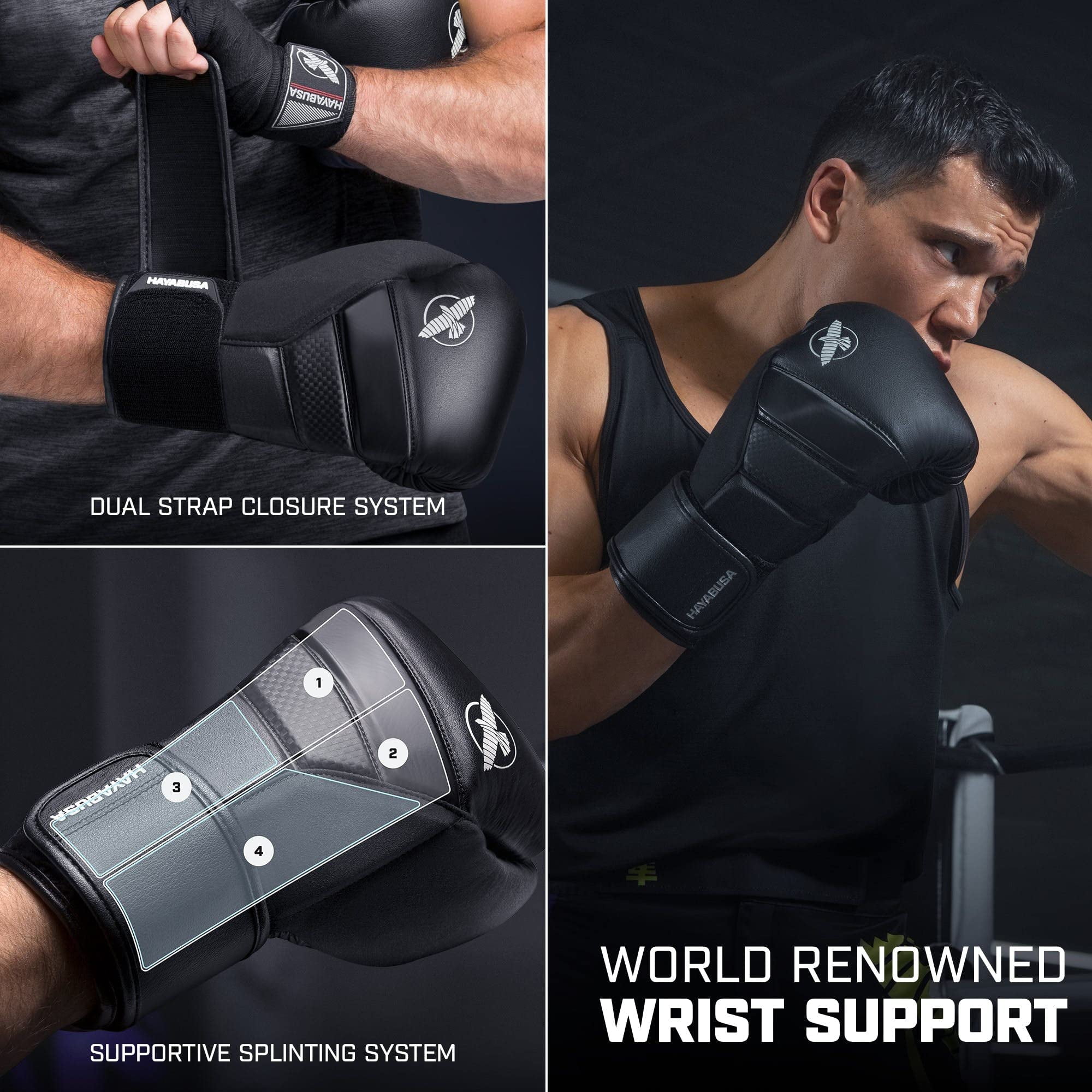 Hayabusa T3 Boxing Gloves for Men and Women Wrist and Knuckle Protection, Dual-X Hook and Loop Closure, Splinted Wrist Support, 5 Layer Foam Knuckle Padding - Black, 14 oz