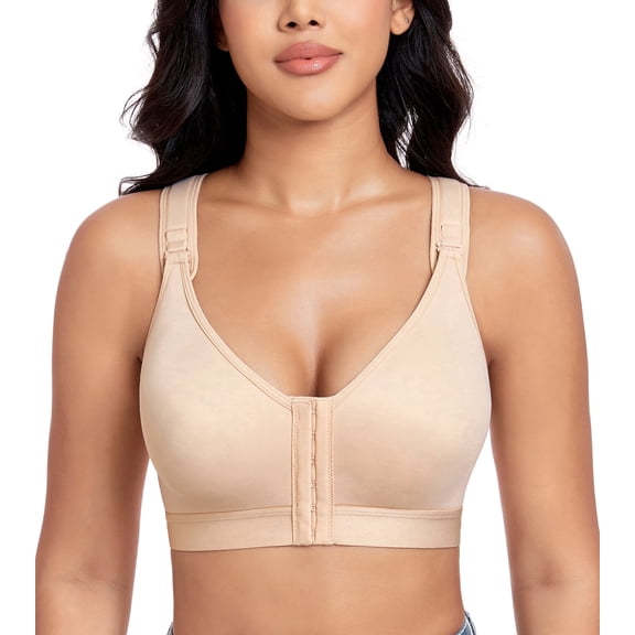 Exerin Women's Post Surgery Front Closure Wireless Non Padded Adjustable Wide Strap Bra(36D/DD,Beige)