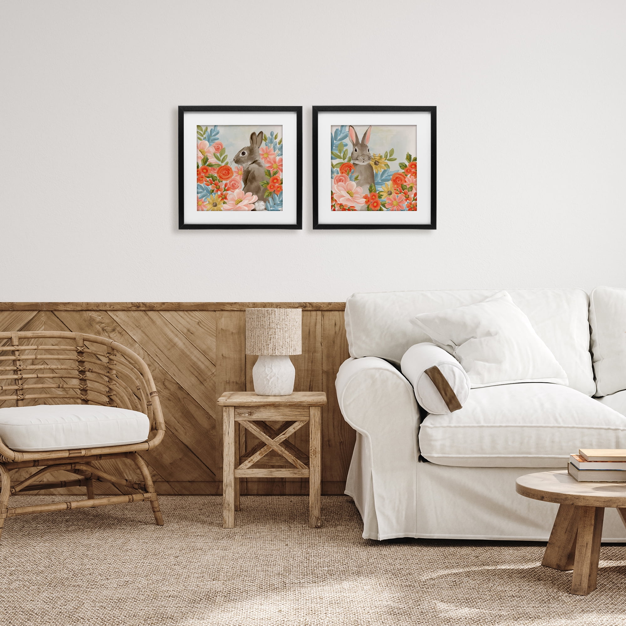 Stupell Industries Bright Bunny Blooms 2 Piece Black Framed Print Under Glass Set, design by Cat Thurman Designs