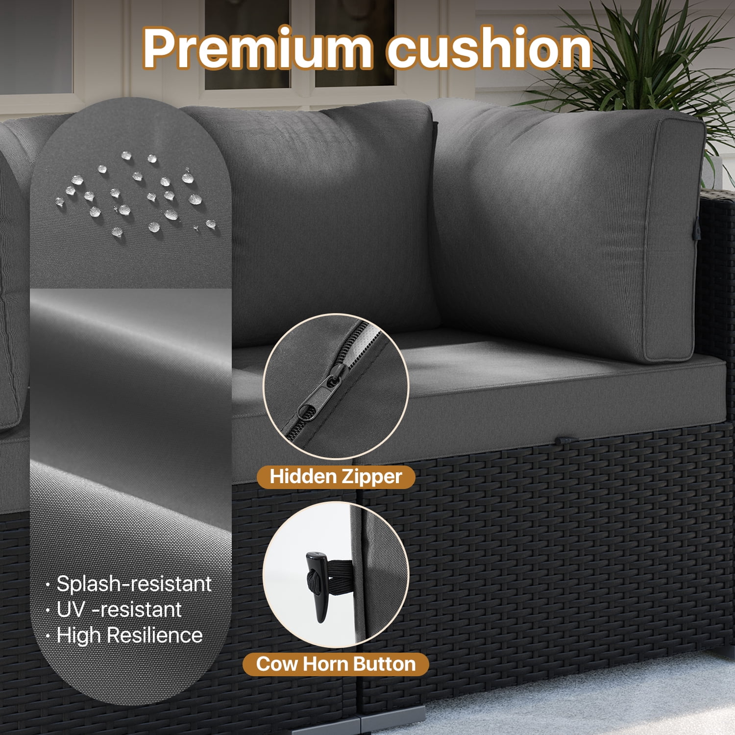 BaPiPro 7-Piece Outdoor Patio Furniture Set, Black Wicker Rattan Sectional Sofa with Dark Gray Cushions & Coffee Table, All-Weather for Backyard, Porch, Deck, Balcony
