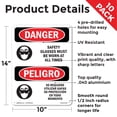 thumbnail image 2 of Safety Glasses Must Be Worn Bilingual OSHA Danger Aluminum Sign 14 Inch x 10 Inch - 10 Pack, 2 of 8