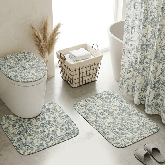 4Pcs Shower Curtain Set with 12 Hooks Bathroom Shower Curtain Aesthetic Bathroom Set with Bath Mat Toilet Lid Cover and U Nonslip Rug