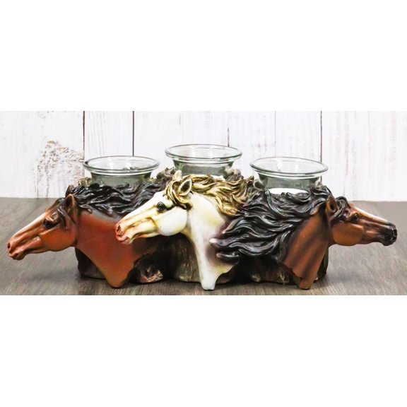 Rustic Western 3 Brown White Horses By Tree Logs Triple Votives Candle Holder