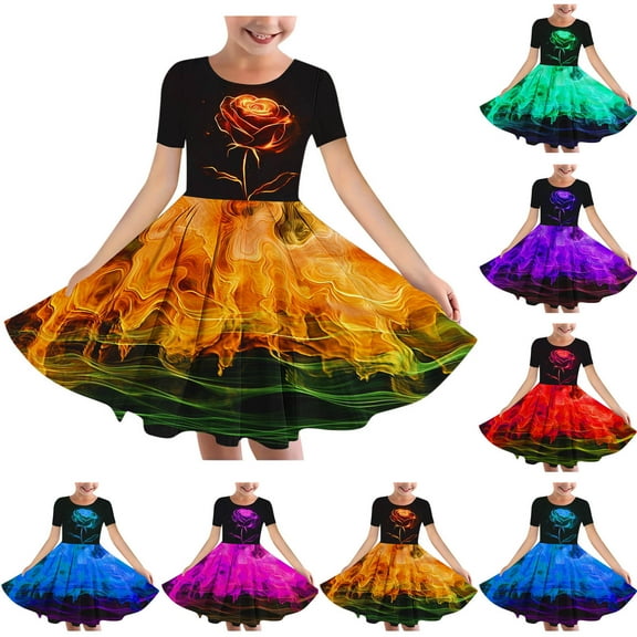 Pounoo New Kids Dresses Girls Loose Print Short Sleeve Toddler Girls' Dresses Round Neck Knee Length Dress Soft Comfort Girls Dresses 7-8
