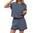 thumbnail image 2 of Short Sleeve Stripe Print Women 2 Pieces Lounge Sets Tops and Shorts Pants Sets, 2 of 6