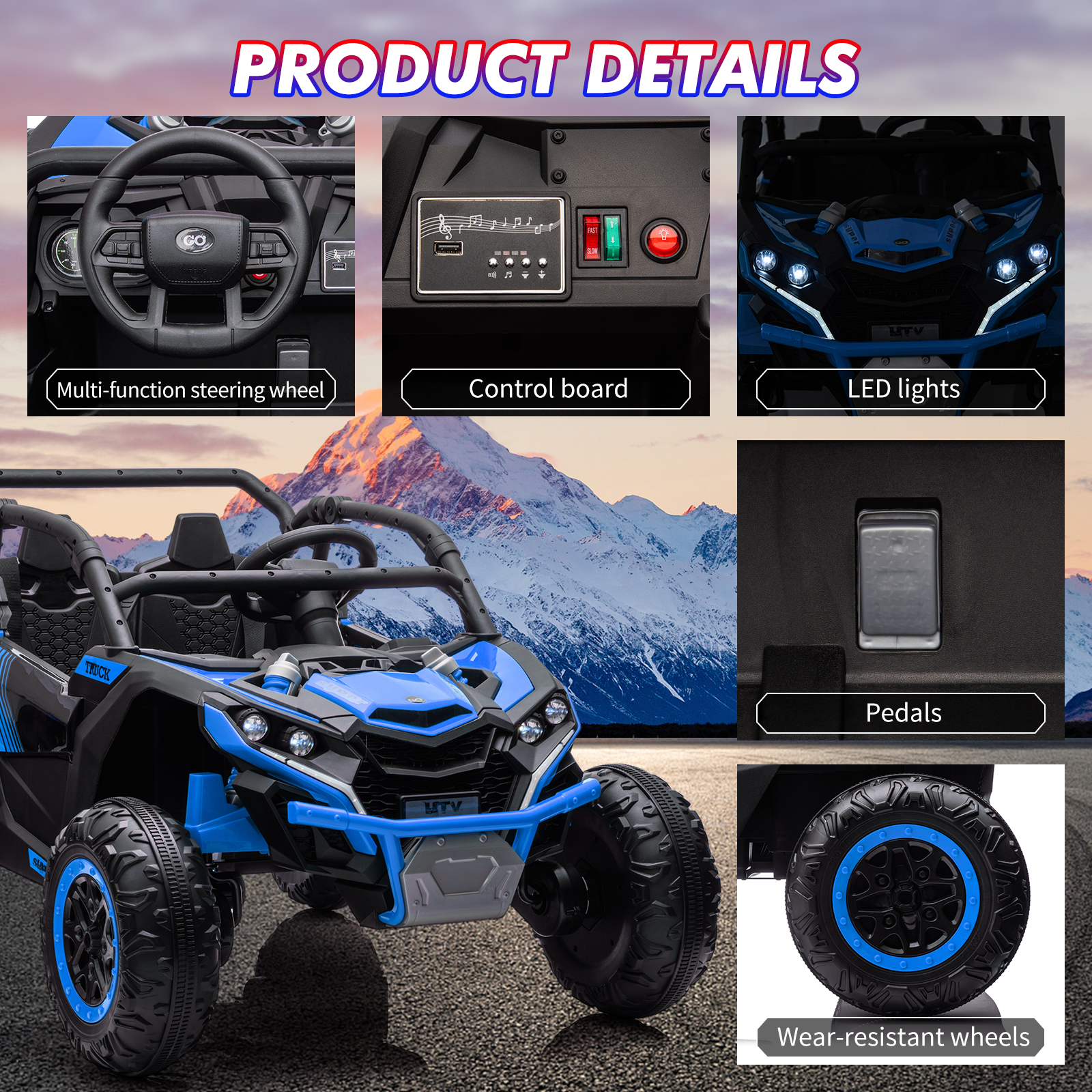 CazToi 24V 7 AH 4WD Battery Powered 2 Seater Ride On Car Off-Road Electric UTV with Remote for Kids