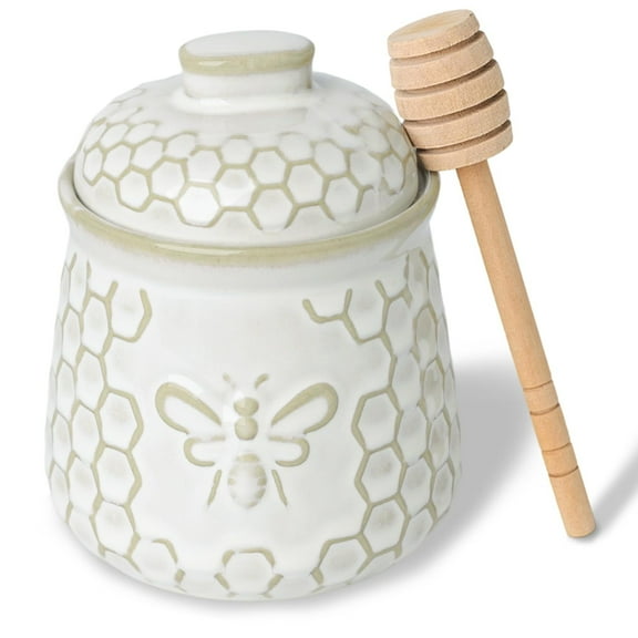10 Oz Honey Jar with Dipper and Lid, Ceramic Honey Pot With Bee, Vintage Kitchen Decor (Vintage White)
