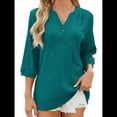 thumbnail image 3 of Blusas Elegantes e Informales para Mujer, Camisetas de 3/4 con Cuello en V y Puños Fruncidos. Azul Pavo Real S, 3 of 10
