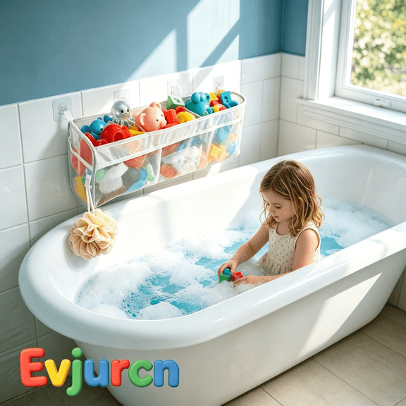 Evjurcn Bath Toy Organizer — 3 Compartment Mesh Holder with Adhesive Hooks, Quick Dry Hanging Storage Bag for Baby, Kids & Toddler Bathtub
