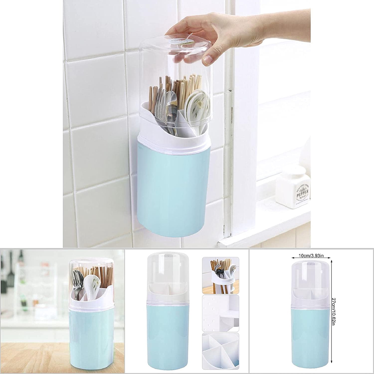 Wall Mounted Chopsticks Holder,Detachable Kitchen Utensil Holders With Cover Chopsticks Tube Kitchen Drain Spoon Rack (Nordic blue)