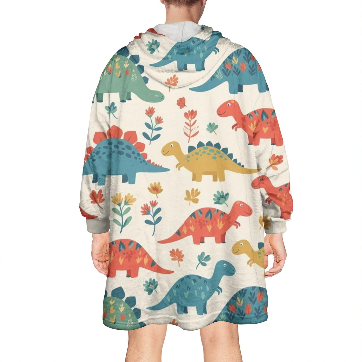 Wearable Oversized Blanket,Beige Cartoon Dinosaurs Flowers Pattern Wearable Blanket Hoodie for Adults,Cozy Hooded Blankets with Super Pockets,Super Warm Fuzzy Pullover for Women & Men