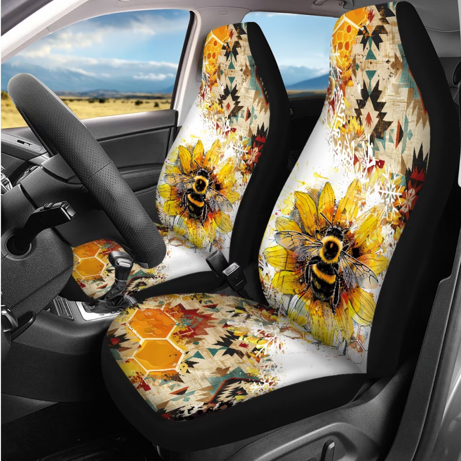 HUIACONG Floral Bohemian Car Seat Covers Full Set with Steering Wheel Cover Arm Rest Cover Seatbelt Covers Cup Holder Headrest Covers Keychain 14 Pcs Car Accessories Interior Universal Fit
