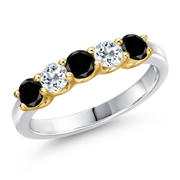 Gem Stone King 10K Two Tone Gold Black Diamond and White Topaz Wedding-Bands Ring for Women | 0.94 Cttw | Round 3.5MM | Gemstone April Birthstone | Size 9