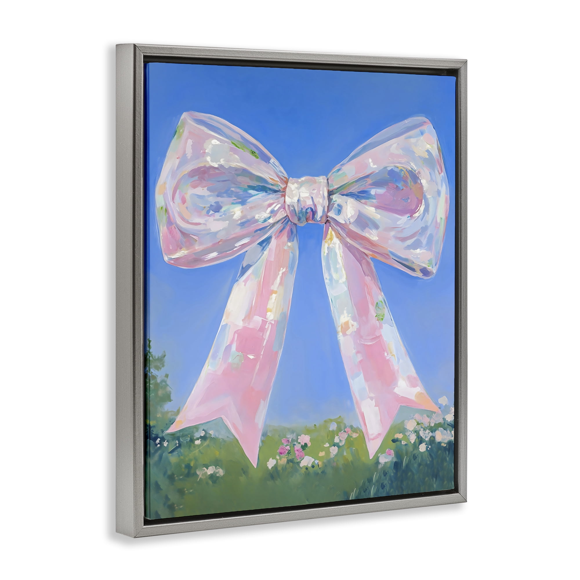Stupell Industries Iridescent Pink Bow in Meadow Gray Framed Floater Canvas Wall Art, design by The Prints Vibe