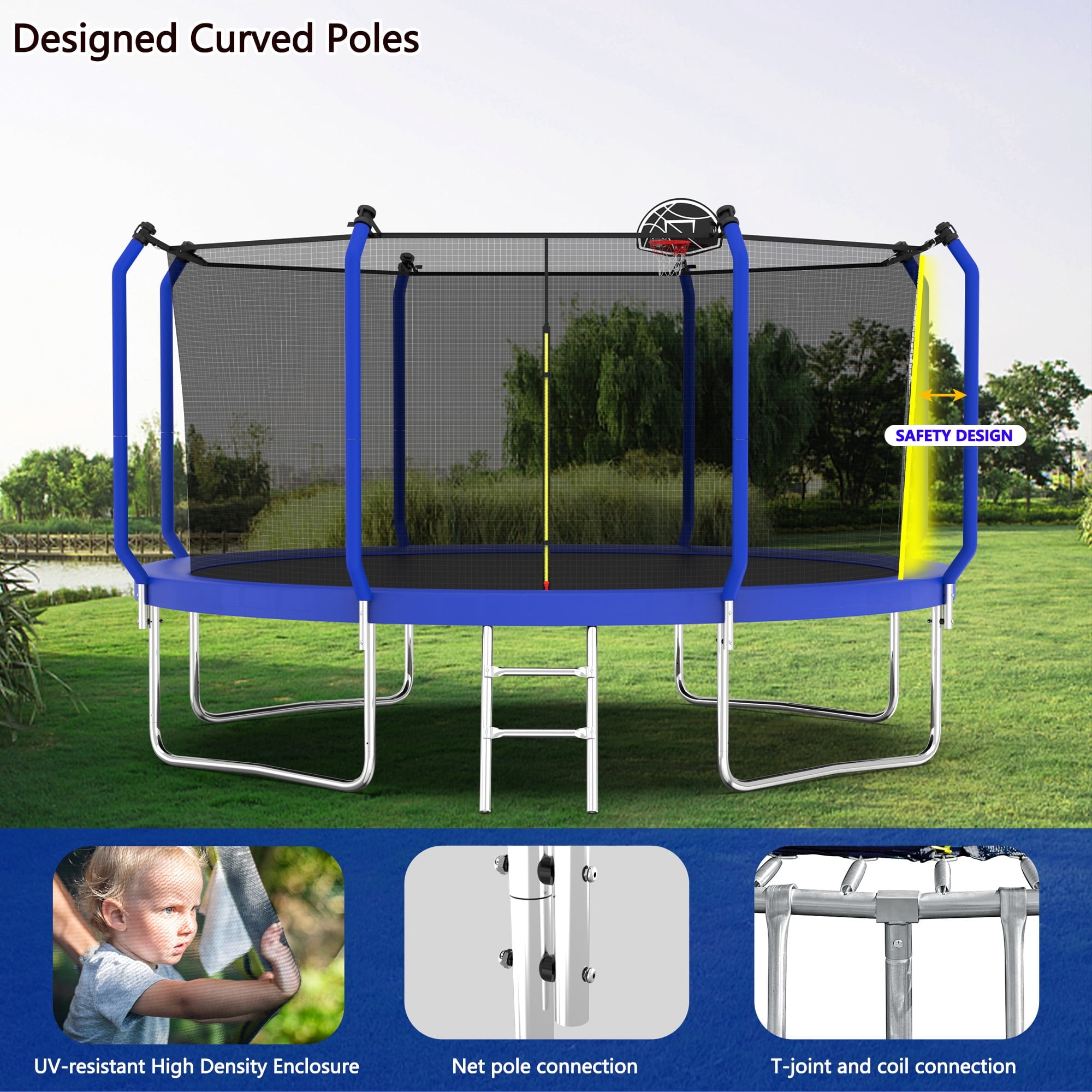Aukfa 12 FT Trampoline with Safety Enclosure, Basketball Hoop & Ladder, Heavy-Duty Outdoor Jumper for Kids & Adults, Blue
