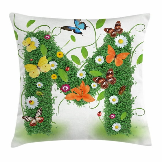 Letter M Throw Pillow Cushion Cover, Wildflowers with Butterflies of Various Shapes and Sizes ...