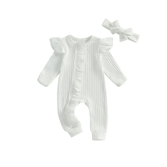 aturustex Infant Baby Girls Solid Zipper Rompers 0 3M 6M 12M Newborn Ruffles Long Sleeve Jumpsuits Crew Neck Ribbed Bodysuits with Headband Toddler Fashion Casual Basic Daily Spring Fall Clothes