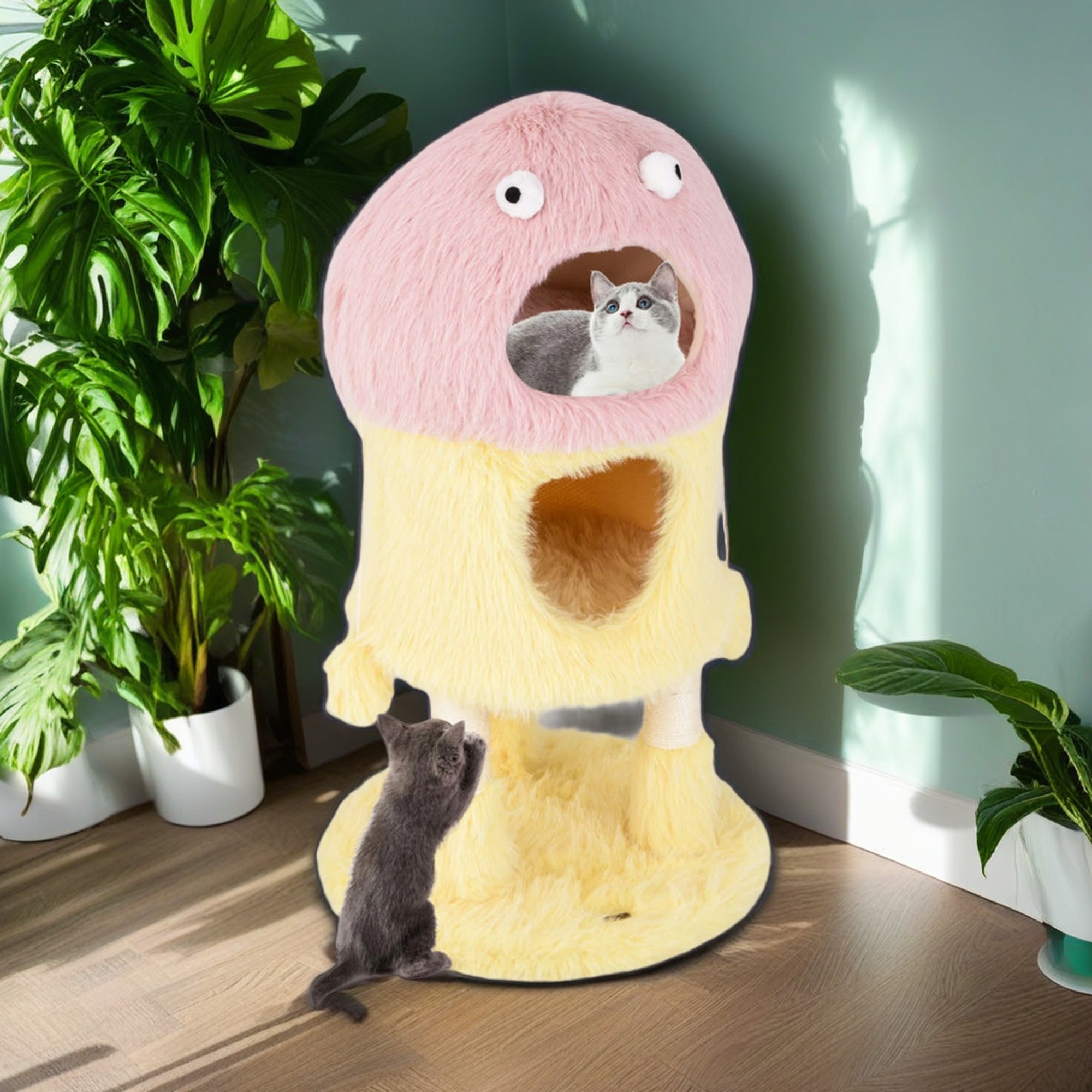Kadyn 37" Monster-Themed Cat Tree Tower with 2 Condo, Kitten Plush Habitat with Scratch Posts Toy Cat Tree House, Yellow