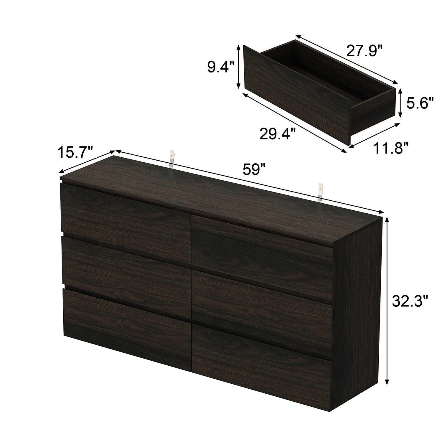 MONSLIPA 6 Drawer Dresser for Bedroom, Storage Organizer Chest of Drawers for Living Room Hallway Entryway, Brown