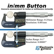 Digital Micrometer, 0-1 Range (Inches and Metric) with 6 Digit LCD Display, 0.0001 Graduation