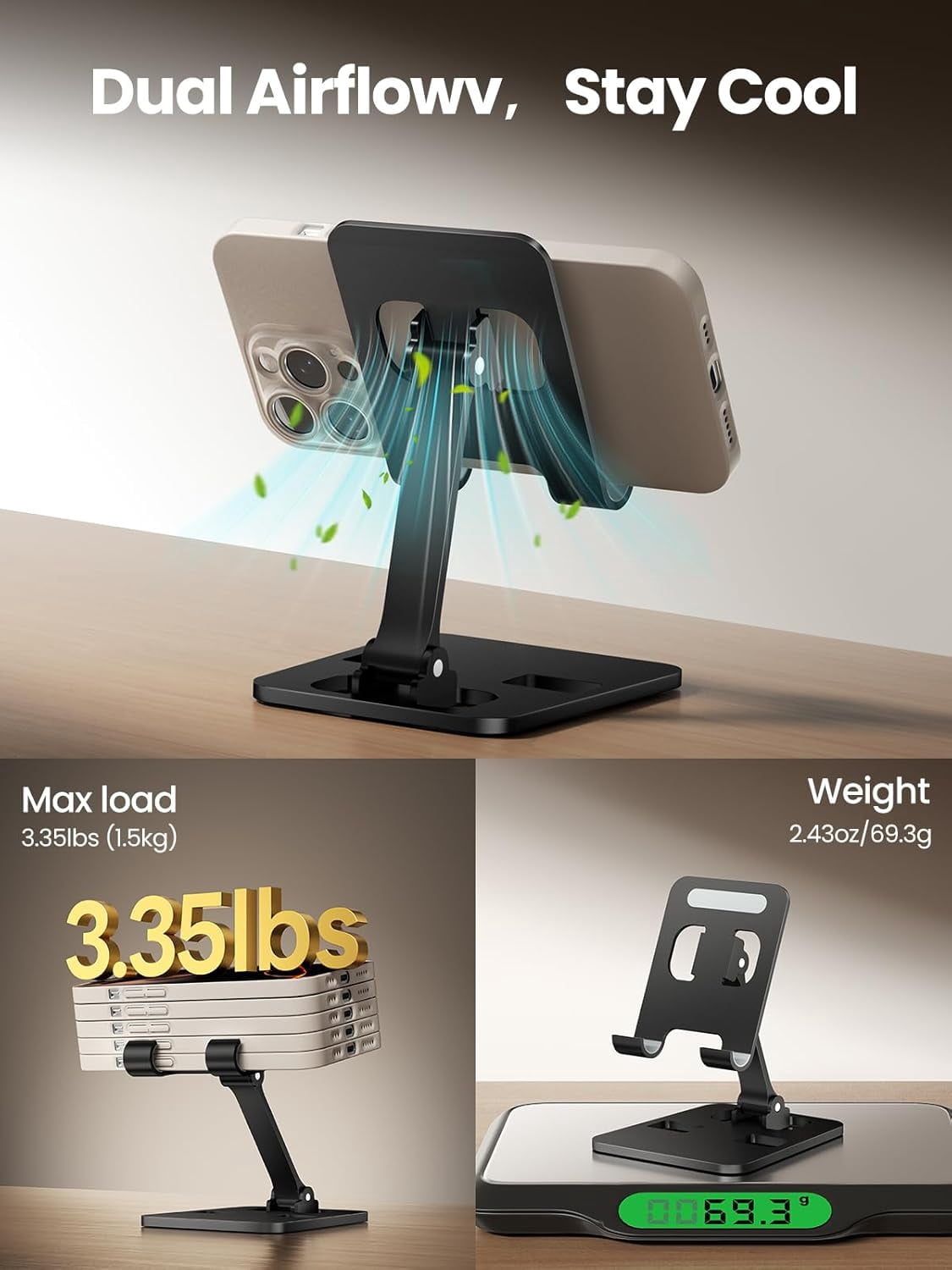 Phone Stand for Desk, Dual Folding Cell Phone Holder, Fully Adjustable Portable Mobile Phone Holder for iPhone 17 16 15 14 13 12 11 Pro Max Plus Air, Galaxy S25 S24, All Phones (Black)