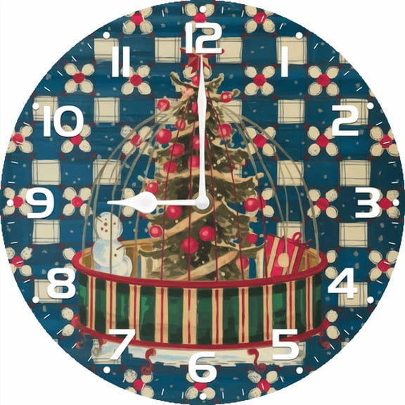 Eveokoki Christmas Cage Wood Wall Clock Frameless Battery Operated Silent Quartz Rustic Farmhouse Round Vintage Clocks for Home Living Room Office Christmas Decorations 12 in