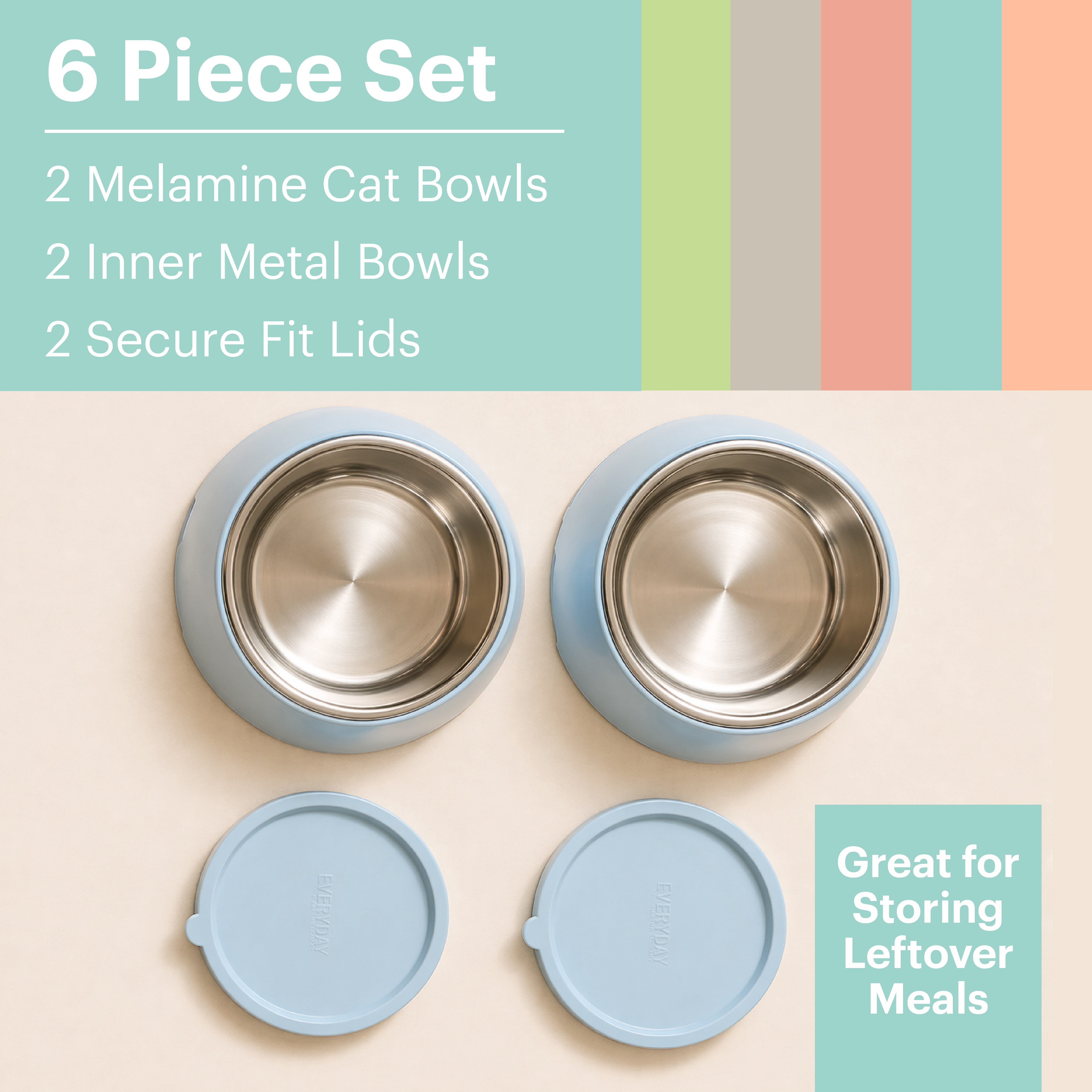 Martha Stewart 3 in 1 Melamine Cat Bowl Set with Lid Medium Blue for Large and Extra Large Cats