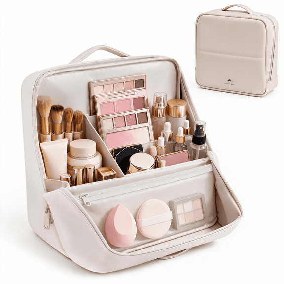 X-Large Travel Makeup Bag with Magnetic Fold Down Flap, Waterproof Leather Cosmetic and Toiletry Organizer for Women, White