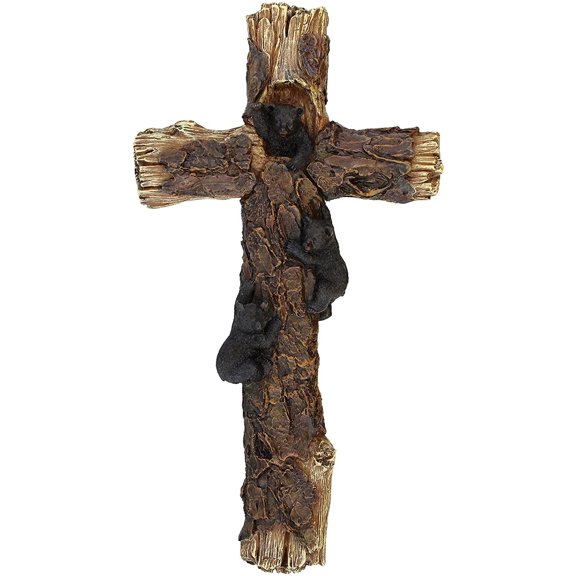 DeLeon Collections Decorative Black Bear Cubs Climbing Wall Cross - Rustic Cabin Jesus Art
