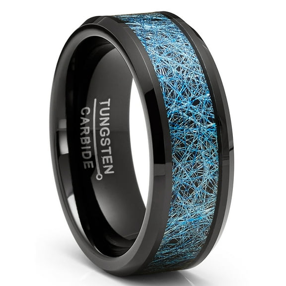 Metal Masters Mens Blue Silk Thread Tungsten Carbide Ring Black Wedding Band Comfort-Fit 8mm