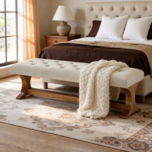 55" Upholstered End-of-Bed Bench with Solid Wood Legs, Tufted Farmhouse Entryway Ottoman with Cushion for Bedroom, Living Room, Hallway, or Foot of Bed, Beige