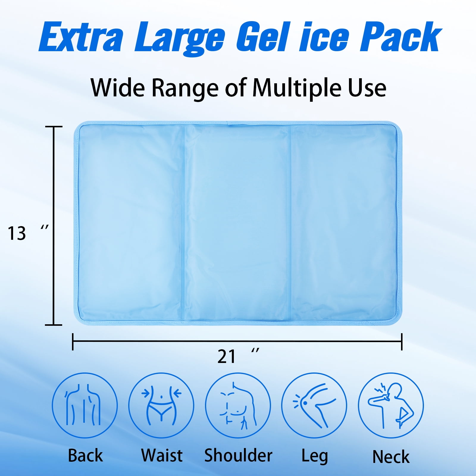 Ktinnead Oversized 21"x13" Large Ice Pack with Straps,Reusable Cold Pack with Soft Flannel Cover for Back Pain Relief, Cold Pads for Hip,Back,Blue