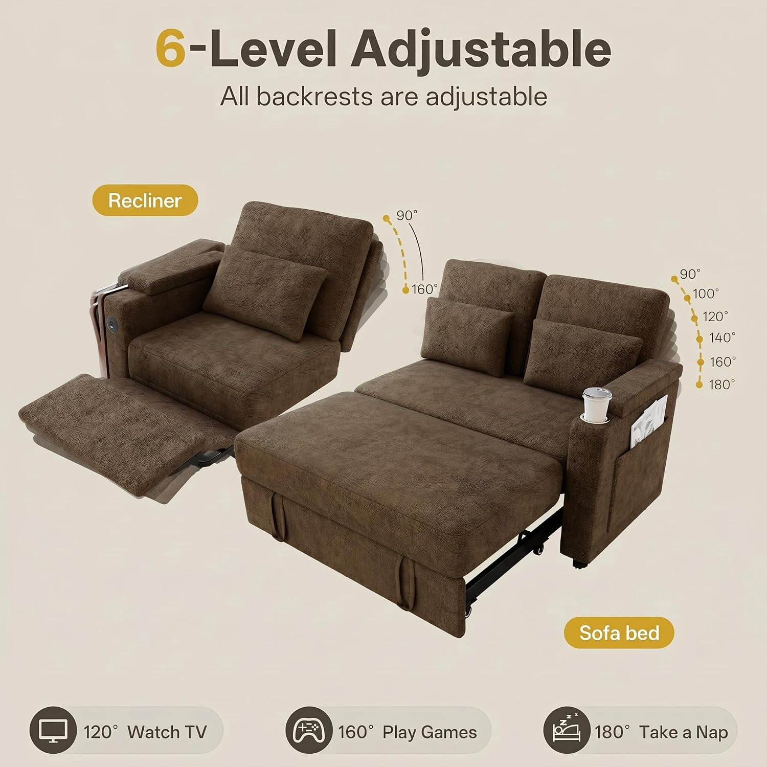 TiramisuBest 81" 3-in-1 Convertible Sleeper Sofa Bed with Power Recliner,Chenille Sofa Couch with Tray Table & USB for Living Room,Khaki