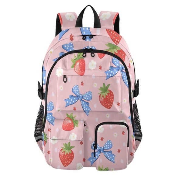 DIXRUYEE Strawberry Blue Bow Pattern Backpack for School 14”Laptop Compatible with Reflective Safety Strips