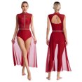 thumbnail image 3 of Traje de baile de patinaje artístico lírico para mujer, gimnasia, ballet, leotardo de danza moderna sin mangas con falda de panel de malla transparente, 3 of 5