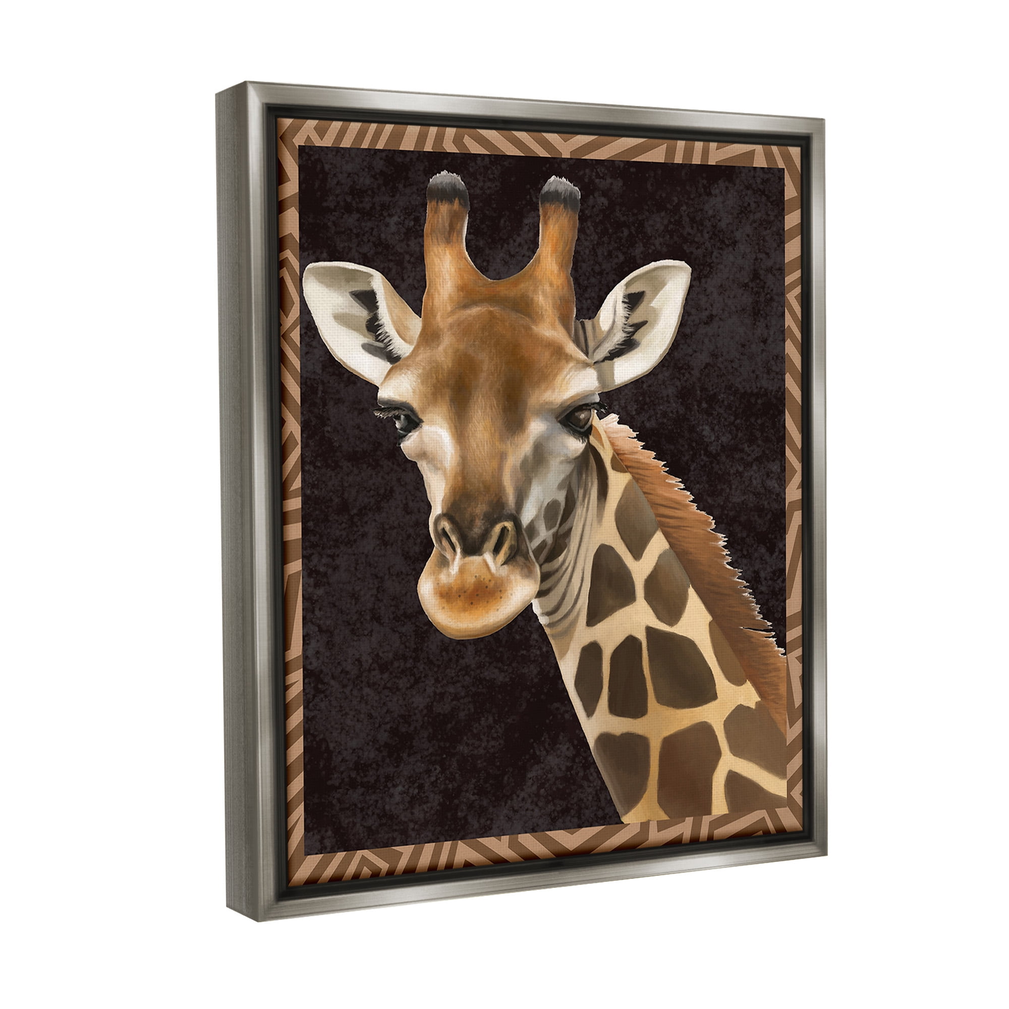 Stupell Industries Giraffe with Geometric Border Animals & Insects Painting Gray Floater Framed Canvas Art Print Wall Art, 17 x 21