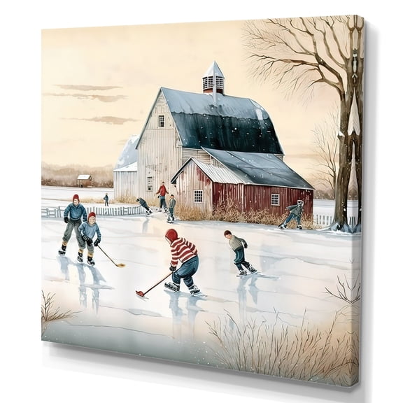 Designart Kids Playing Hockey In Winter I Canvas Wall Art