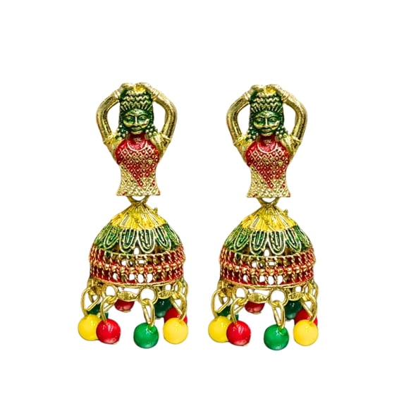 Traditional Multicolor Temple Style Jhumka Dangle Earrings with Designer Figurine Top and Hanging Bead Drops
