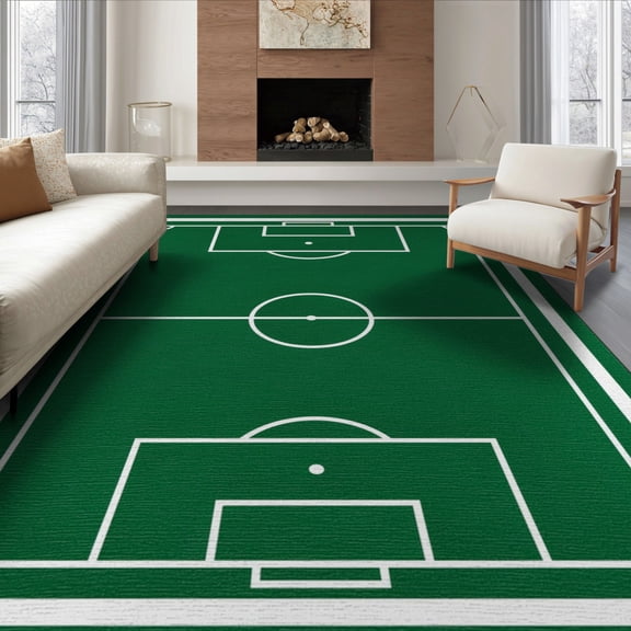 ODIKA 8'x10' Washable Area Rug Athletic Field Featuring Bold Stripes And Penalty Box Graphics for Dining Room, Large Office, Lounge, Non-Slip Chair-Friendly Mat