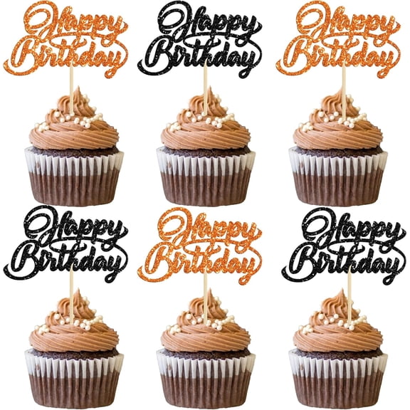 12Pcs Glitter Happy Birthday Cupcake Toppers, 2 Colors Orange Black Picks for Birthday Party Cake Decorations