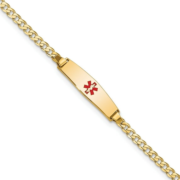 14K Yellow Gold Medical Soft Diamond Shape Red Enamel Curb Link Id Bracelet (8 X 5.5) Made In United States xm596cc-8