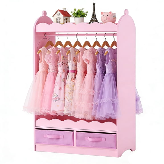 VEVOR Kids Dress Up Storage, with Mirror, Toddler Costume Wardrobe with Drawer, Dress Up Wardrobe Closet for Little Girls, Pretend Storage Dresser, Costume Organizer, for Bedroom, Kids Room, Pink