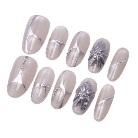 [Gift For Her] Champagne Nude Press-On Nails – Silver Lines & 3D Flower Design, Elegant Medium Fake Nails Set With Glue