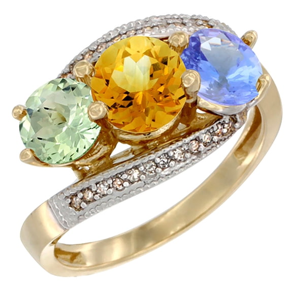 14K Yellow Gold Natural Green Amethyst, Citrine & Tanzanite 3 stone Ring Round 6mm Diamond Accent, size 6.5