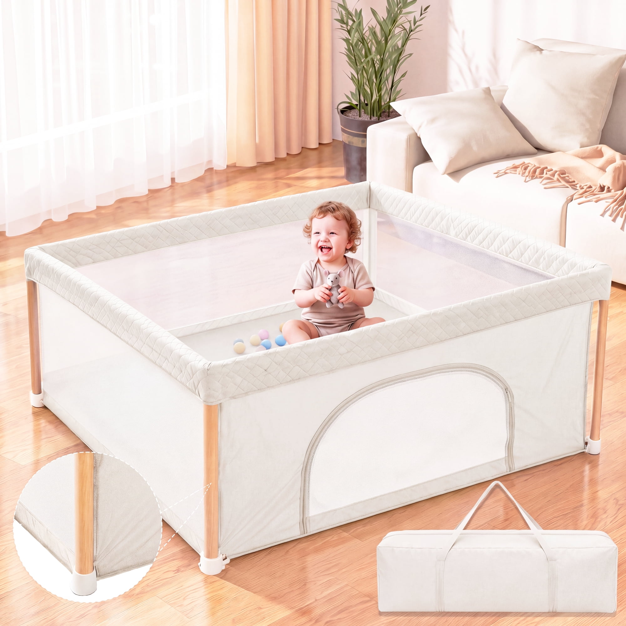 Suihuooo Foldable Baby Playpen 51"x51"x27",Baby Play Yard for Babies and Toddlers,Indoor & Outdoor Play Yard Fence with Breathable Mesh for Kids,White