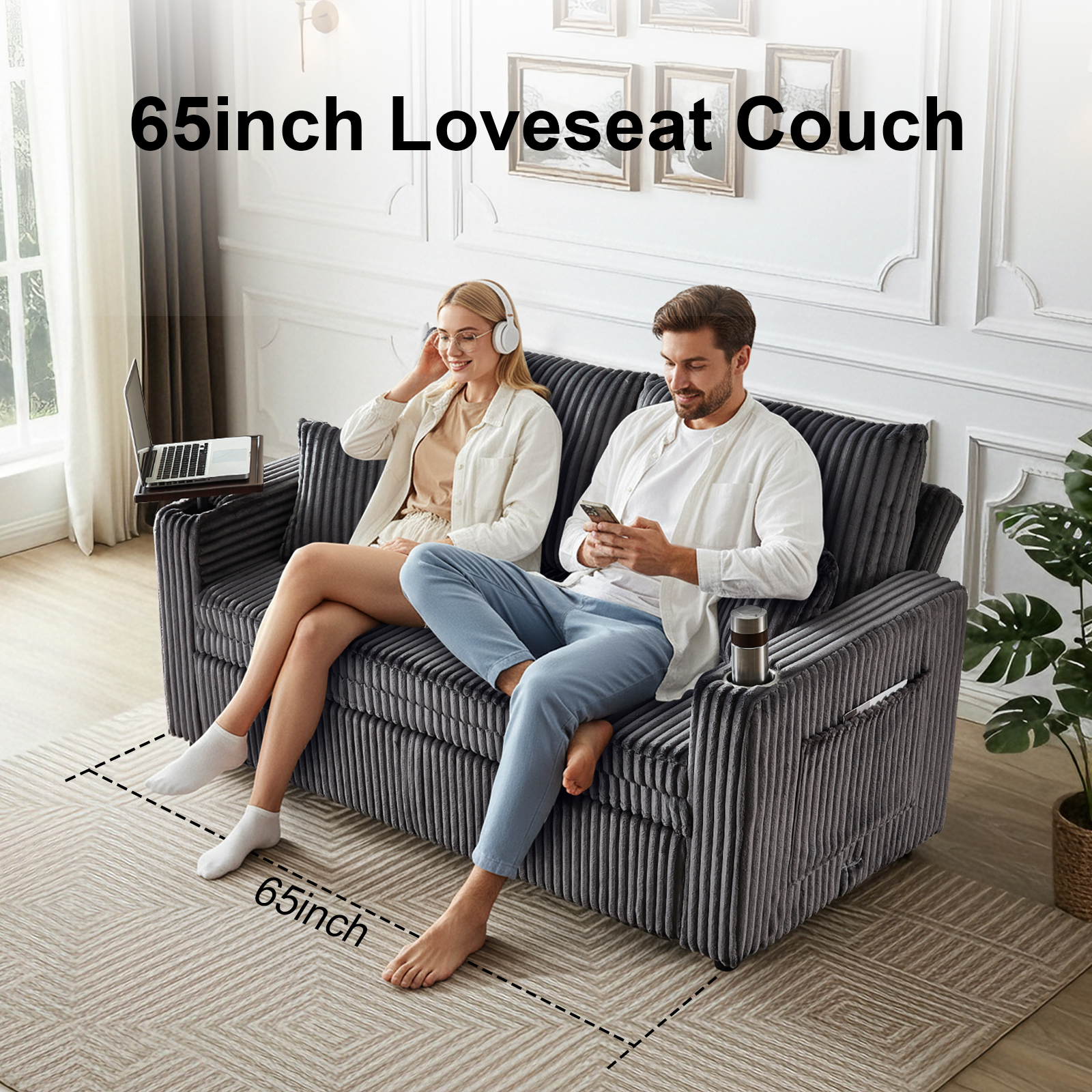 Dreamzie 3 in 1 Convertible Sofa Bed, 65” Sleeper Sofa with Pull Out Couch Bed, Corduroy Loveseat with 360° Swivel Side Table | USB Port | Adjustable Backrest for Living Room, Apartment (Deep Grey)
