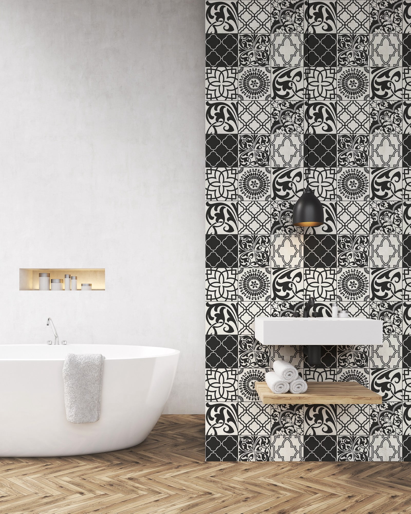 NextWall  Black and White Graphic Tile Peel and Stick Wallpaper - 20.5 in. W x 18 ft. L