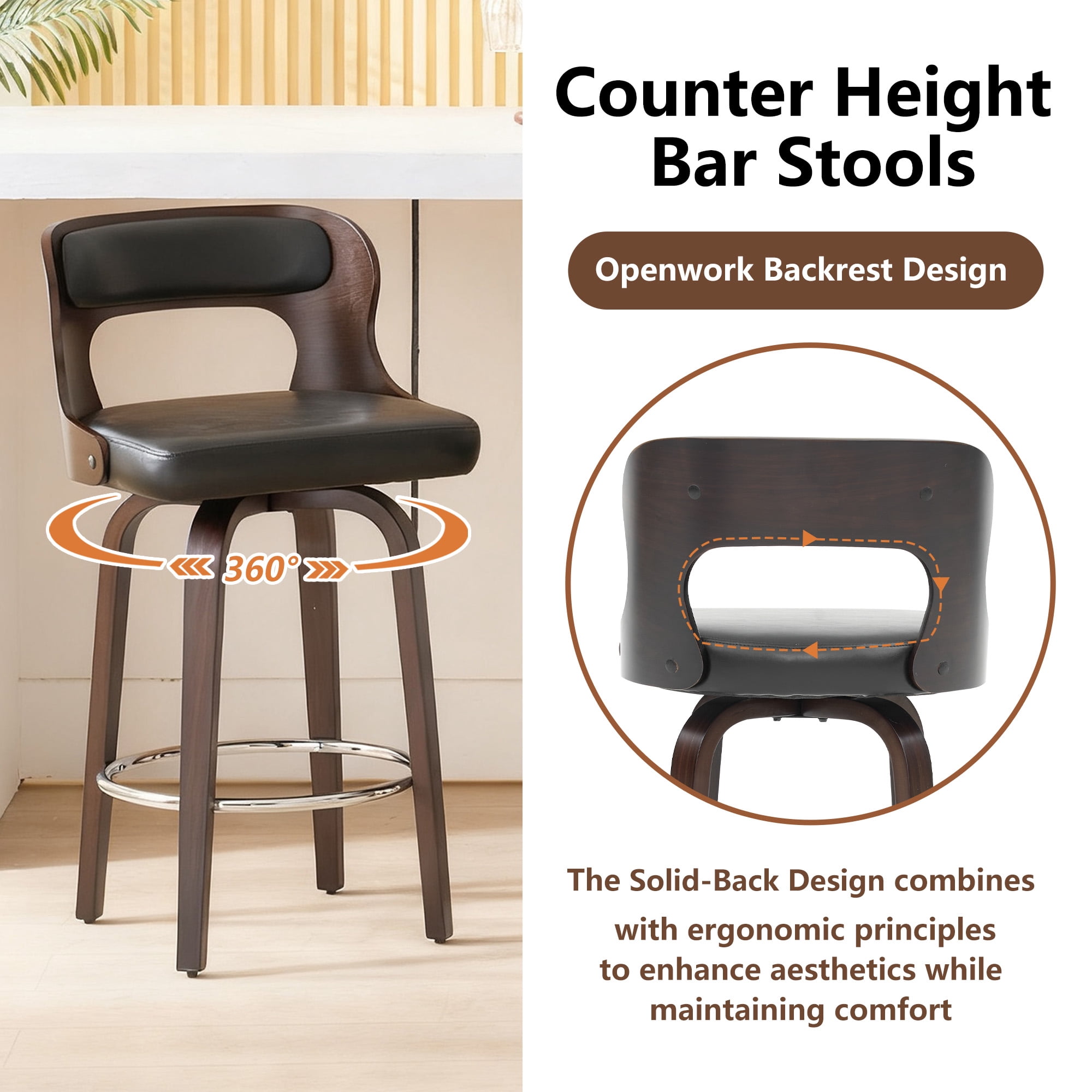 ClinQ 26 inch Swivel Bar Stools Set of 4, Counter Height Bar Chairs with Walnut Legs and Silver Ring Footrest, Upholstered Faux Leather, Black