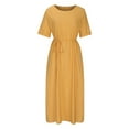thumbnail image 4 of Itsame Women Summer Dress Pocket Solid Color Round Neck Cotton Thin Dress Yellow Size L, 4 of 6